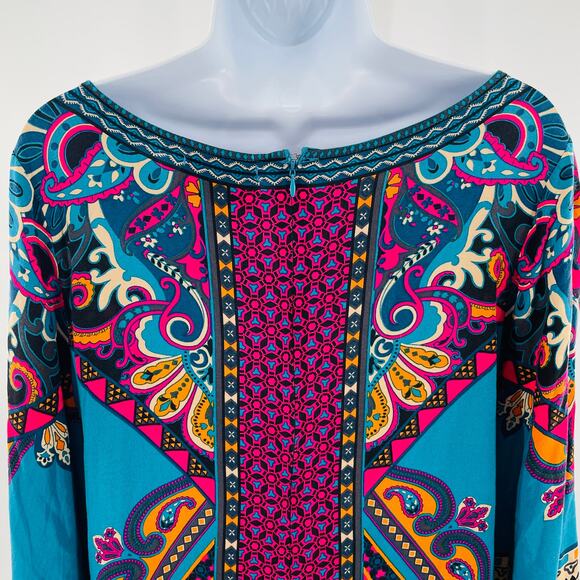 DeJaVu Teal Pink Ethnic Lightweight Colorful Festival Boho Summer Shift Dress L - Picture 6 of 13